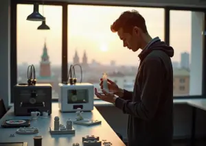 Предприниматель в мастерской 3D‑печати держит напечатанную деталь на фоне работающих принтеров и образцов продукции