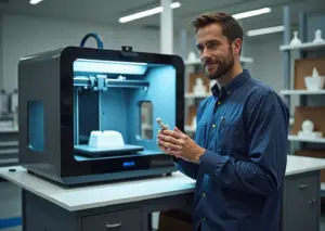 Рабочая мастерская 3D‑печати с FDM и SLA принтерами оператор держит напечатанную деталь на фоне постобработки