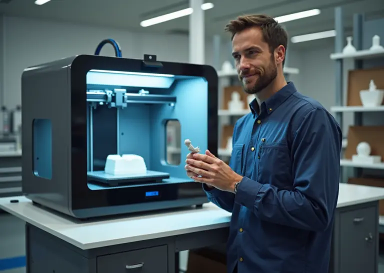 Рабочая мастерская 3D‑печати с FDM и SLA принтерами оператор держит напечатанную деталь на фоне постобработки