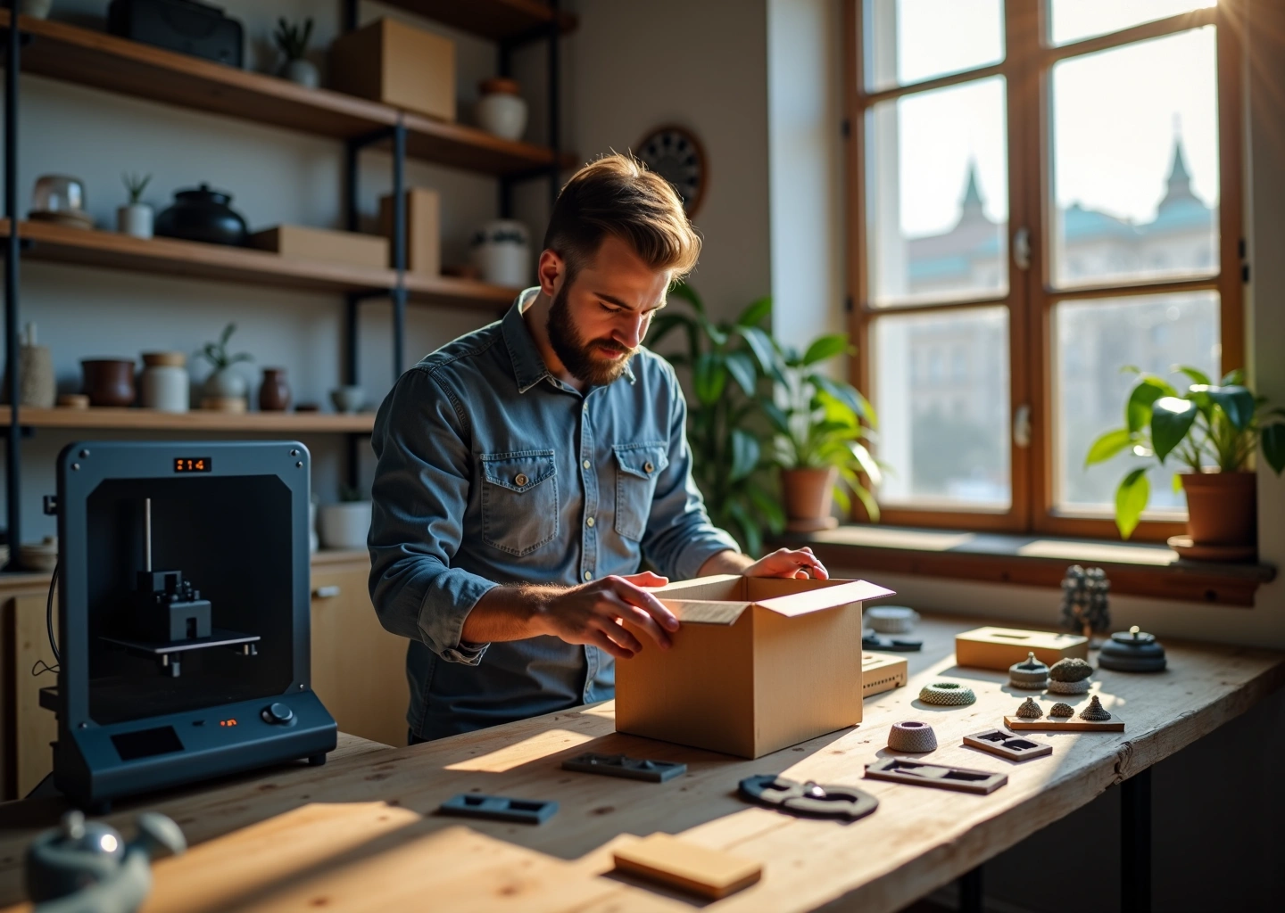 Мастерская 3D‑печати с принтерами и образцами самых прибыльных товаров на столе, владелец упаковывает заказ на фоне размытых силуэтов Москвы