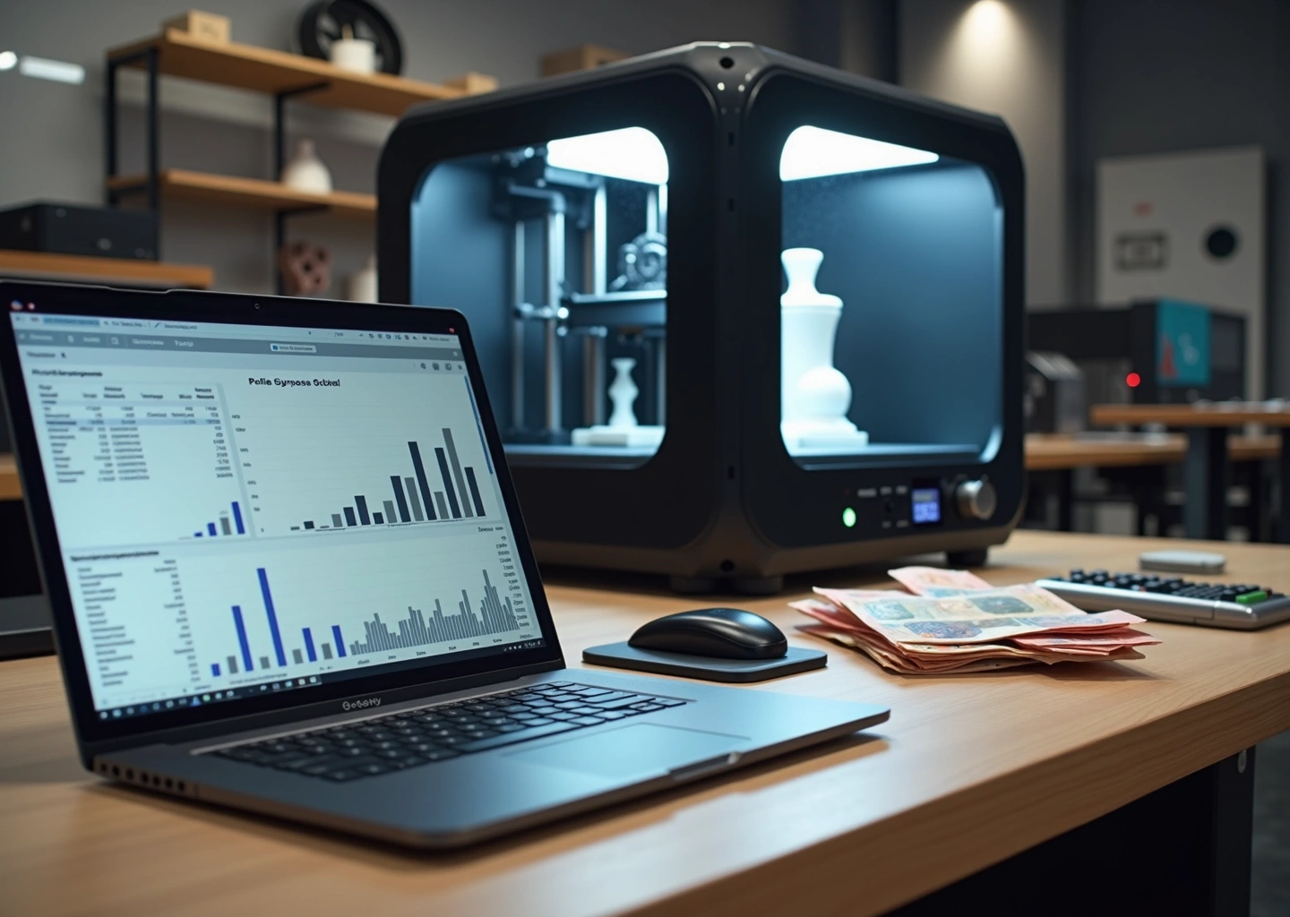 Интерьер студии 3D-печати: принтеры, готовые изделия, ноутбук с финансовой таблицей и российские рубли на столе