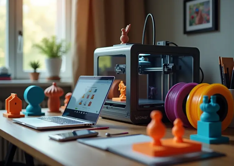 Комнатная мастерская для 3D‑печати: настольный FDM‑принтер во время печати, образцы продукции, катушки филамента и ноутбук с русскоязычным маркетплейсом на экране