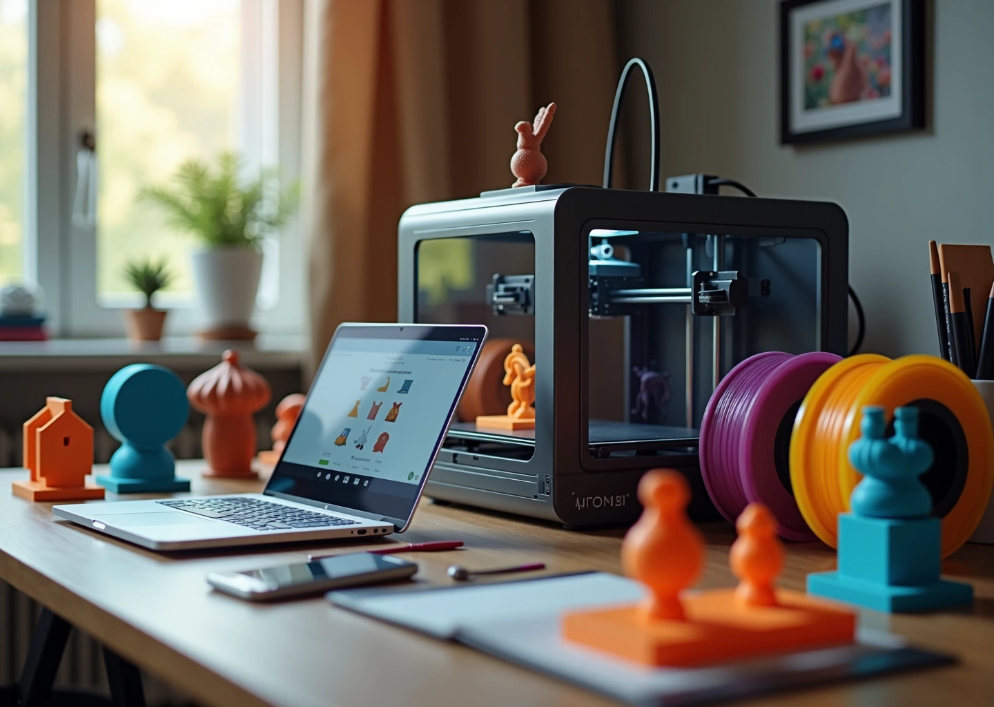 Комнатная мастерская для 3D‑печати: настольный FDM‑принтер во время печати, образцы продукции, катушки филамента и ноутбук с русскоязычным маркетплейсом на экране