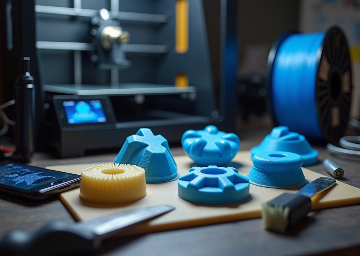 Неудачные 3D‑отпечатки с поднятыми углами, нитями между деталями и пропусками слоёв на рабочем столе 3D‑мастерской