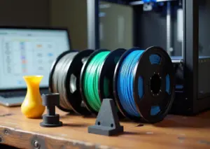 Фотография: катушки PLA, ABS, PETG и TPU рядом с FDM‑принтером и отпечатанными образцами, ноутбук с таблицей и чек‑лист для бизнеса