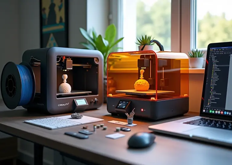 Домашняя мастерская для 3D‑печати: FDM и resin принтеры на столе, рулон филамента, бутылка смолы, инструменты, ноутбук с слайсером — иллюстрация бюджетного старта бизнеса на 3D‑печати