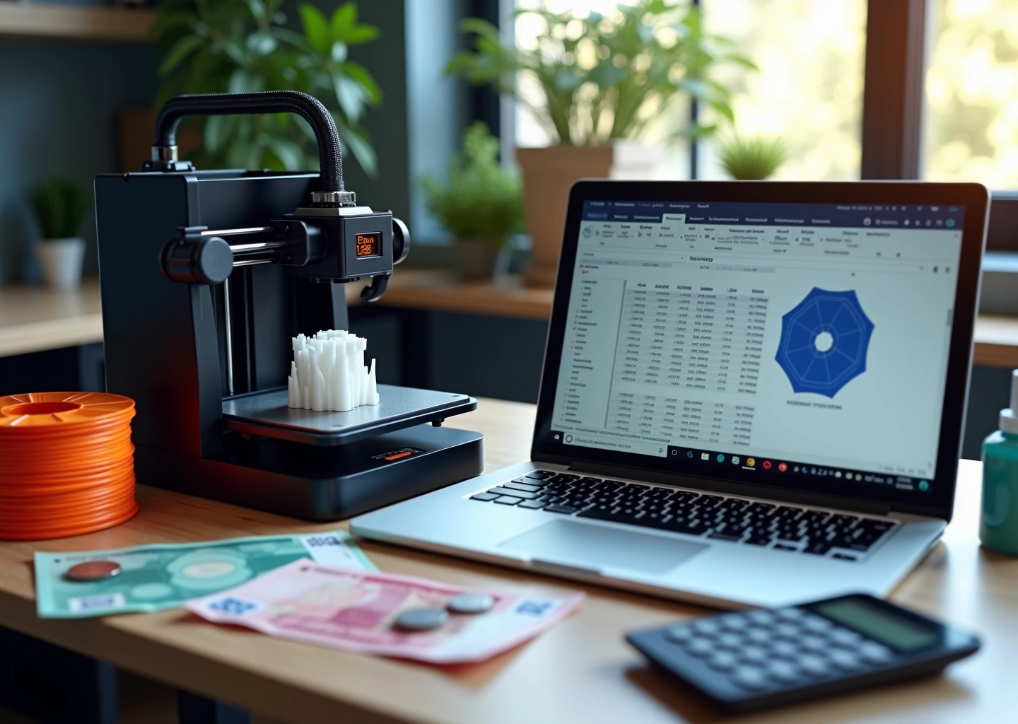 Стол в малом цехе 3D‑печати: работающий FDM‑принтер, ноутбук со таблицей расчёта стоимости, калькулятор, катушки филамента и несколько напечатанных деталей.