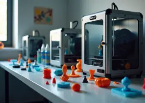 Мастерская для бизнеса на 3D‑печати с работающими китайскими принтерами разных типов и готовыми деталями на столе