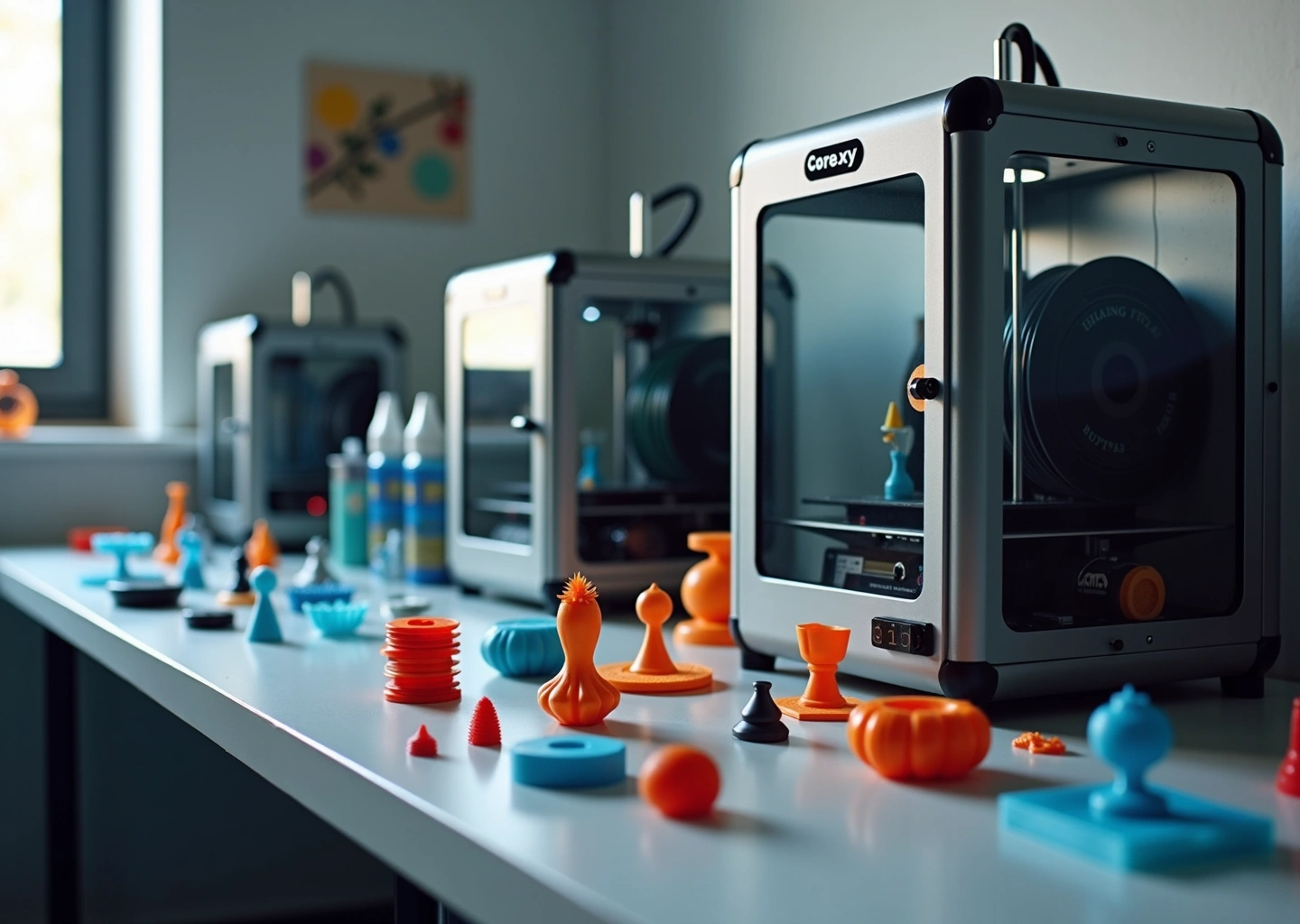 Мастерская для бизнеса на 3D‑печати с работающими китайскими принтерами разных типов и готовыми деталями на столе