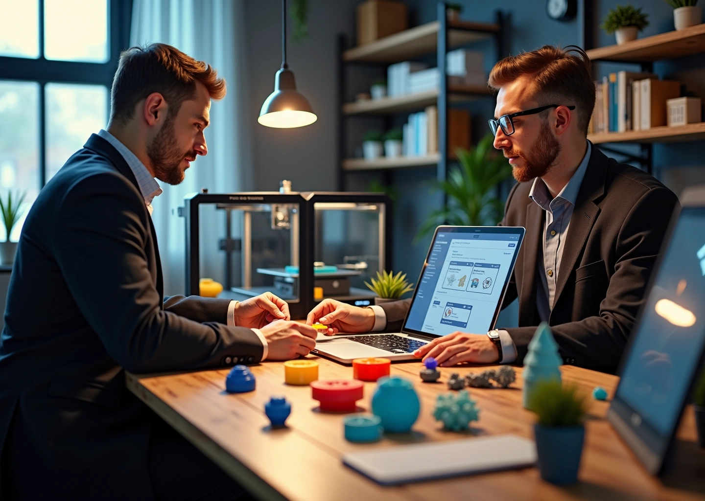 Небольшая мастерская 3D печати: принтеры, напечатанные образцы, ноутбук с объявлением и смартфон с сообщением, передача готового изделия клиенту