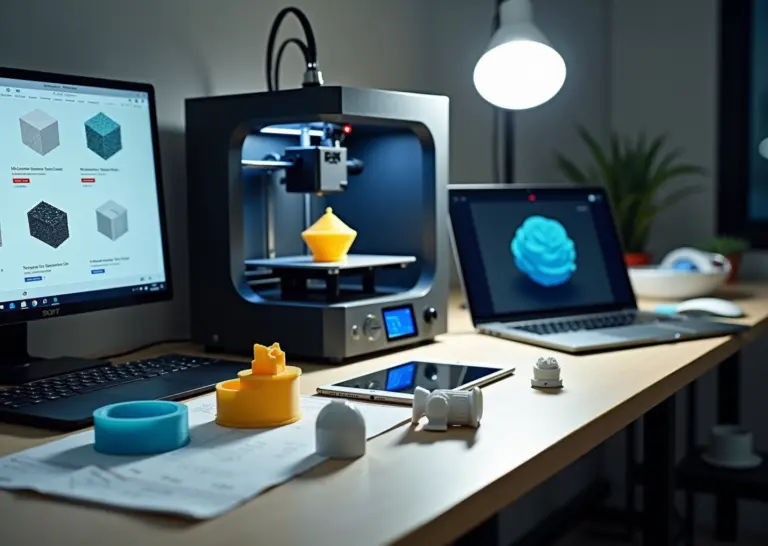 Студия 3D‑печати: 3D‑принтер, напечатанные прототипы и ноутбук с витриной 3D‑моделей — иллюстрация поиска и использования готовых моделей для коммерции