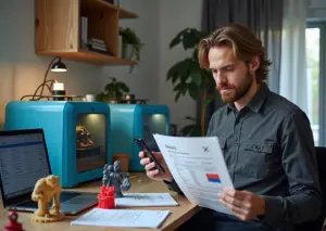 Рабочее место мастера 3D‑печати: принтеры, напечатанные детали, ноутбук с расчётами и документы для регистрации бизнеса