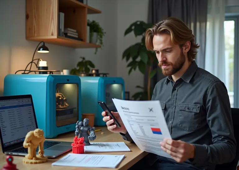 Рабочее место мастера 3D‑печати: принтеры, напечатанные детали, ноутбук с расчётами и документы для регистрации бизнеса
