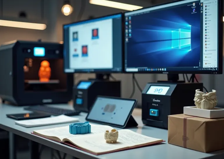 Рабочее место 3D‑печати с мониторами, показывающими Cura PrusaSlicer Lychee Slicer, принтерами и напечатанными деталями; деловая атмосфера.