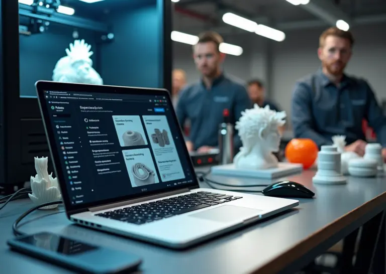 Мастерская 3D‑печати с принтером, готовыми деталями и открытыми объявлениями Авито и Яндекс.Услуг на экране ноутбука