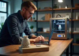 Мастерская для 3D‑печати с ноутбуком и 3D‑принтером, напечатанные детали на столе