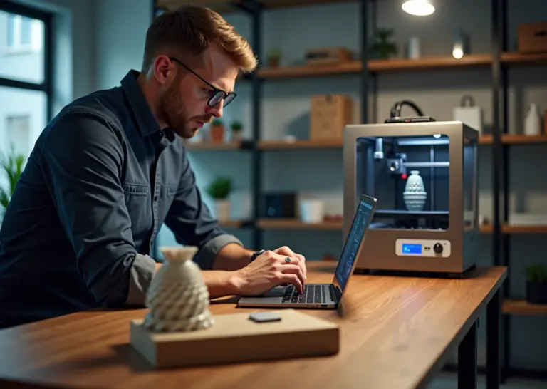 Мастерская для 3D‑печати с ноутбуком и 3D‑принтером, напечатанные детали на столе