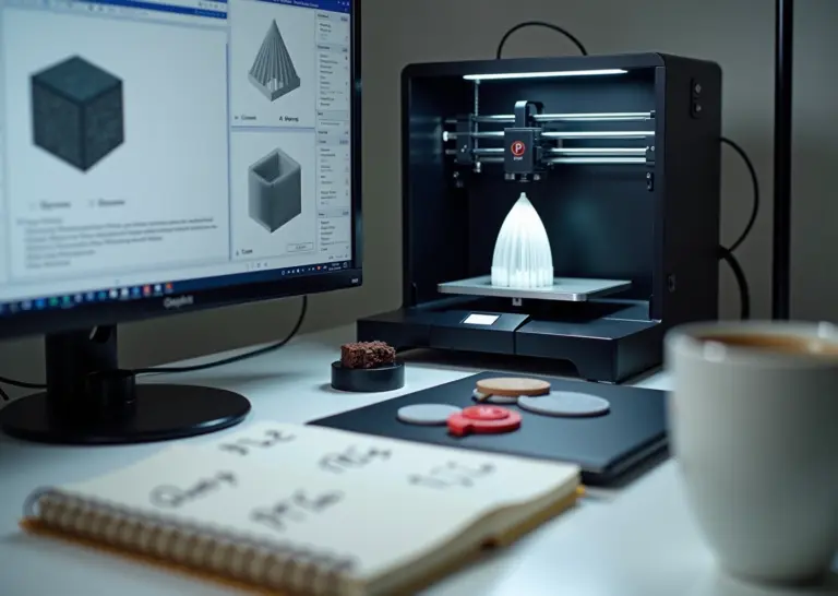 Рабочее место маленькой 3D‑фабрики: ноутбук с Cura, активный 3D‑принтер, образцы деталей и заметки по профилям