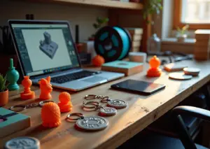 Рабочая зона по 3D‑печатным персонализированным подаркам с готовыми изделиями, ноутбуком и упаковкой