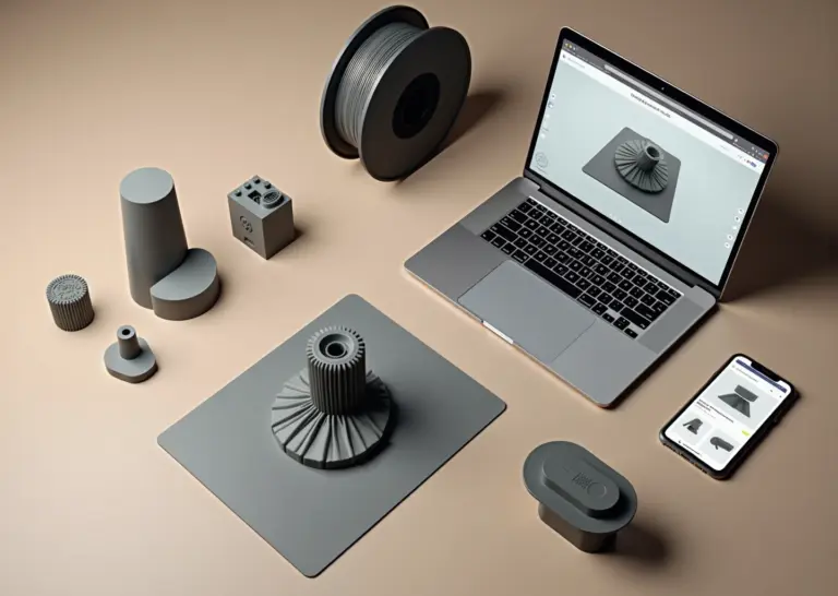 Студийный стол с ноутбуком, на экране рендер 3D‑модели, рядом напечатанные 3D‑фигурки и примеры карточек товаров на маркетплейсе