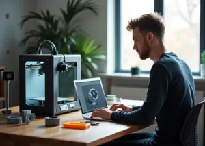 Предприниматель в мастерской за ноутбуком с интерфейсом Fusion 360 и работающий рядом FDM‑принтер с готовыми напечатанными деталями