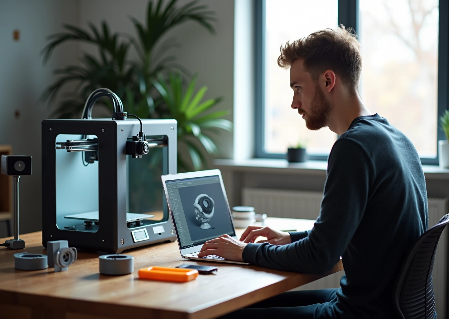 Предприниматель в мастерской за ноутбуком с интерфейсом Fusion 360 и работающий рядом FDM‑принтер с готовыми напечатанными деталями