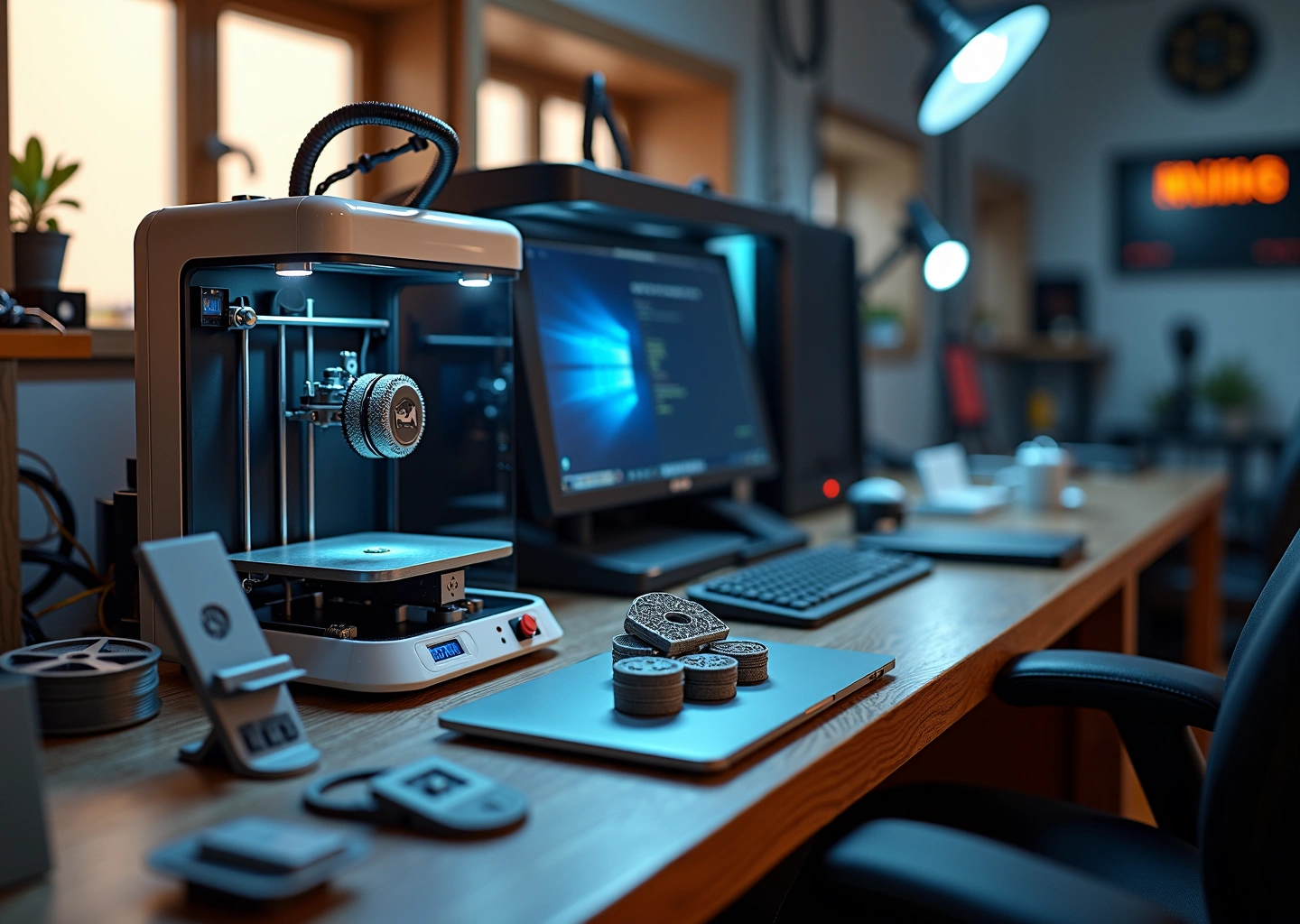 Мастерская 3D‑печати с принтерами и отпечатанными автомобильными деталями: держатель телефона, заглушка бампера, эмблема, ноутбук с CAD и российский номерной знак на заднем плане