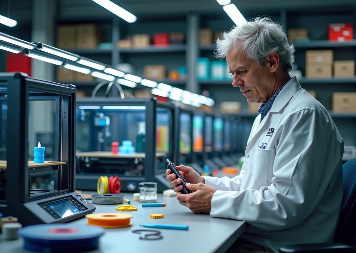 Техник ремонтирует хотенд FDM‑принтера на рабочем столе с инструментами и запасными деталями, на заднем плане рабочие принтеры и катушки филамента