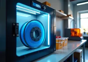 Сушильная камера для филамента с бобиной и цифровым гигрометром на фоне 3D‑принтера и напечатанных деталей