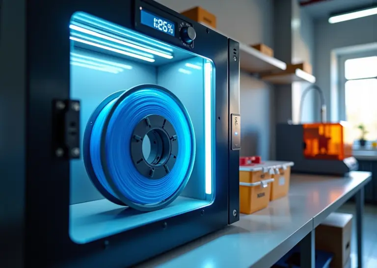 Сушильная камера для филамента с бобиной и цифровым гигрометром на фоне 3D‑принтера и напечатанных деталей