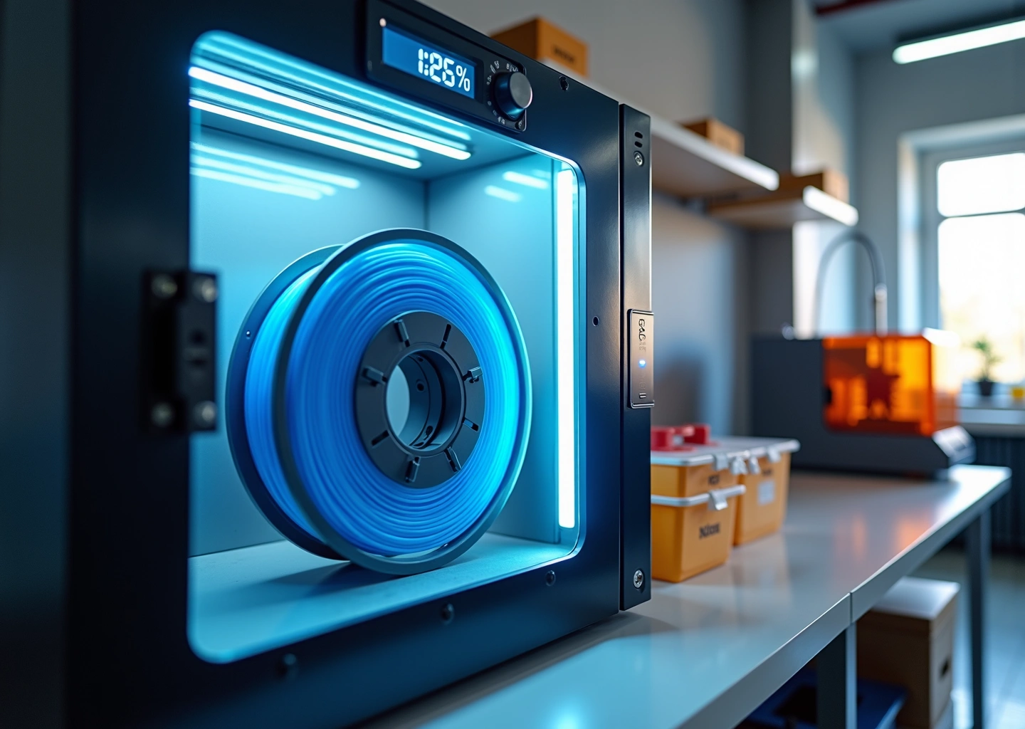 Сушильная камера для филамента с бобиной и цифровым гигрометром на фоне 3D‑принтера и напечатанных деталей