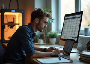 Предприниматель в мастерской с 3D‑принтерами, ноутбуком и напечатанными прототипами на столе, проверяет расчёты и чек‑лист по запуску 3D‑бизнеса