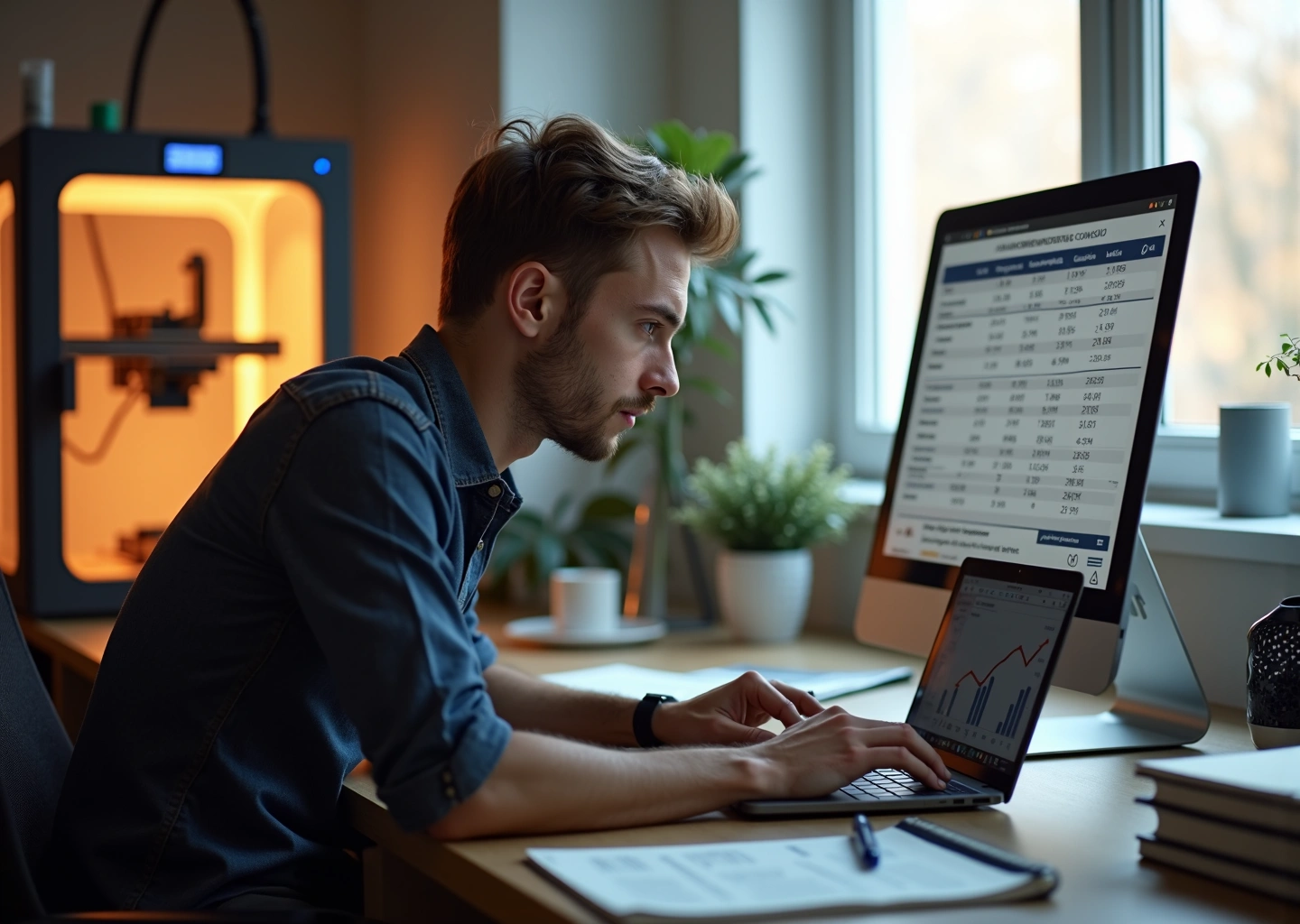 Предприниматель в мастерской с 3D‑принтерами, ноутбуком и напечатанными прототипами на столе, проверяет расчёты и чек‑лист по запуску 3D‑бизнеса