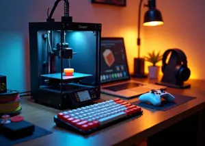 Фотография мастерской: 3D‑принтер печатает кастомный кейкап на фоне компьютера с CAD‑моделью; рядом готовые кейкапы, накладка на геймпад, подставка для наушников и упаковка