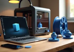 Фотография небольшого домашнего 3D‑студии: на ноутбуке открыт Blender с моделью, рядом FDM‑принтер печатает деталь, на столе напечатанные образцы, катушка филамента и инструменты