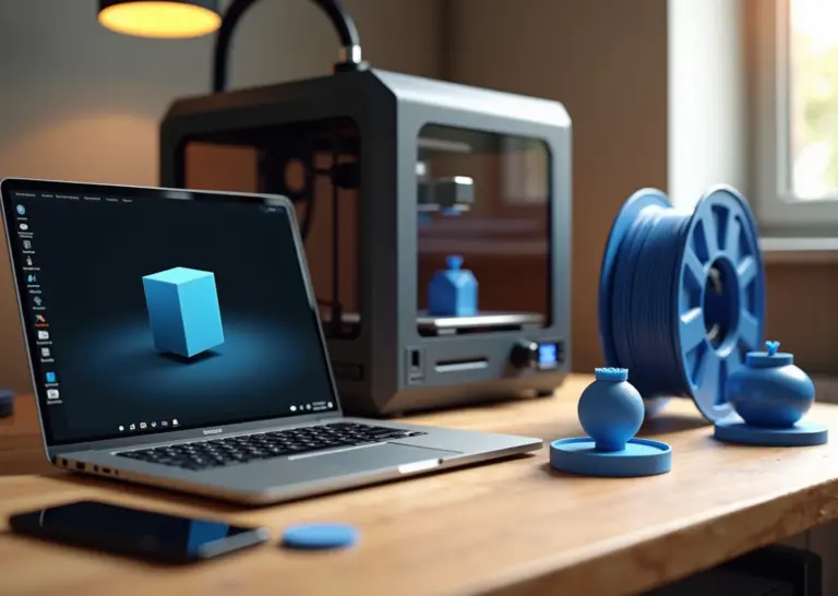 Фотография небольшого домашнего 3D‑студии: на ноутбуке открыт Blender с моделью, рядом FDM‑принтер печатает деталь, на столе напечатанные образцы, катушка филамента и инструменты