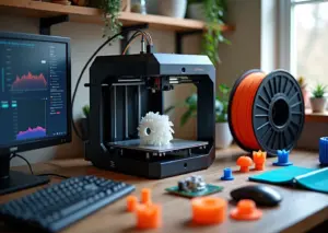 3D‑принтер рядом с Raspberry Pi и экраном с интерфейсом Klipper, напечатанные детали на столе