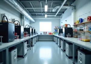 Современная мастерская 3D‑печати с вентиляцией, фильтром, контейнерами для филамента и средствами защиты