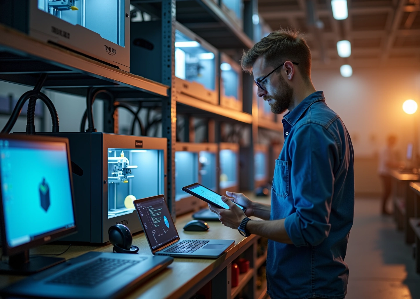 Небольшая ферма 3D‑принтеров с Raspberry Pi и интерфейсом OctoPrint на экране ноутбука, оператор проверяет печать