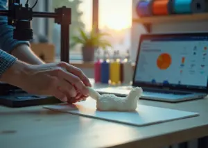 Фотография мастерской 3D‑печати: руки снимают деталь с принтера, рядом полированный прототип и полки с готовыми товарами, на ноутбуке видна панель заказов.