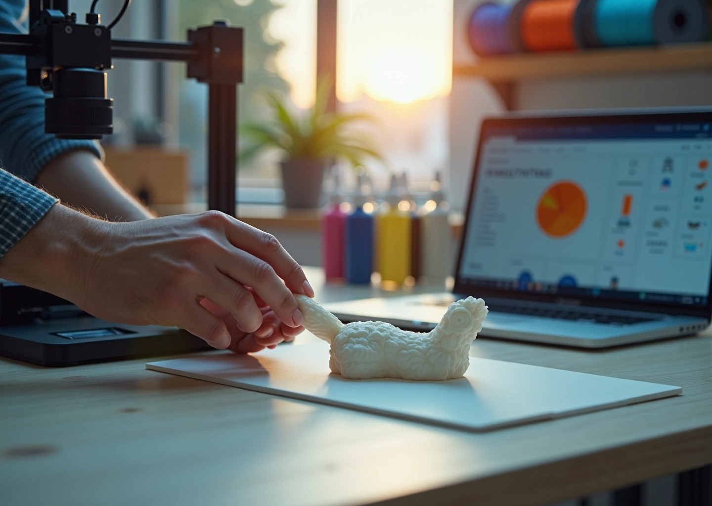 Фотография мастерской 3D‑печати: руки снимают деталь с принтера, рядом полированный прототип и полки с готовыми товарами, на ноутбуке видна панель заказов.