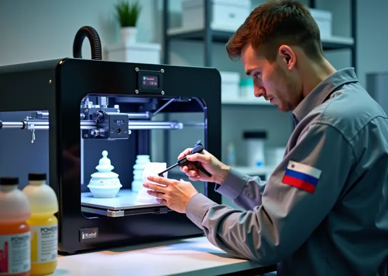 Фото мастерской для 3D печати с SLA принтером бутылками фотополимерной смолы и техником, проверяющим отвержденную деталь