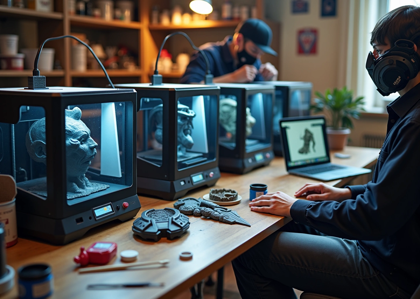 Мастерская по 3D‑печати для косплея: принтеры, наполовину собранная броня, инструменты для постобработки и косплеер, примеряющий деталь