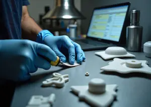 Рабочий стол мастерской с инструментами для постобработки 3D‑изделий: шлифовка, полировка, эпоксидное покрытие, защитные средства и ноутбук с расчётами