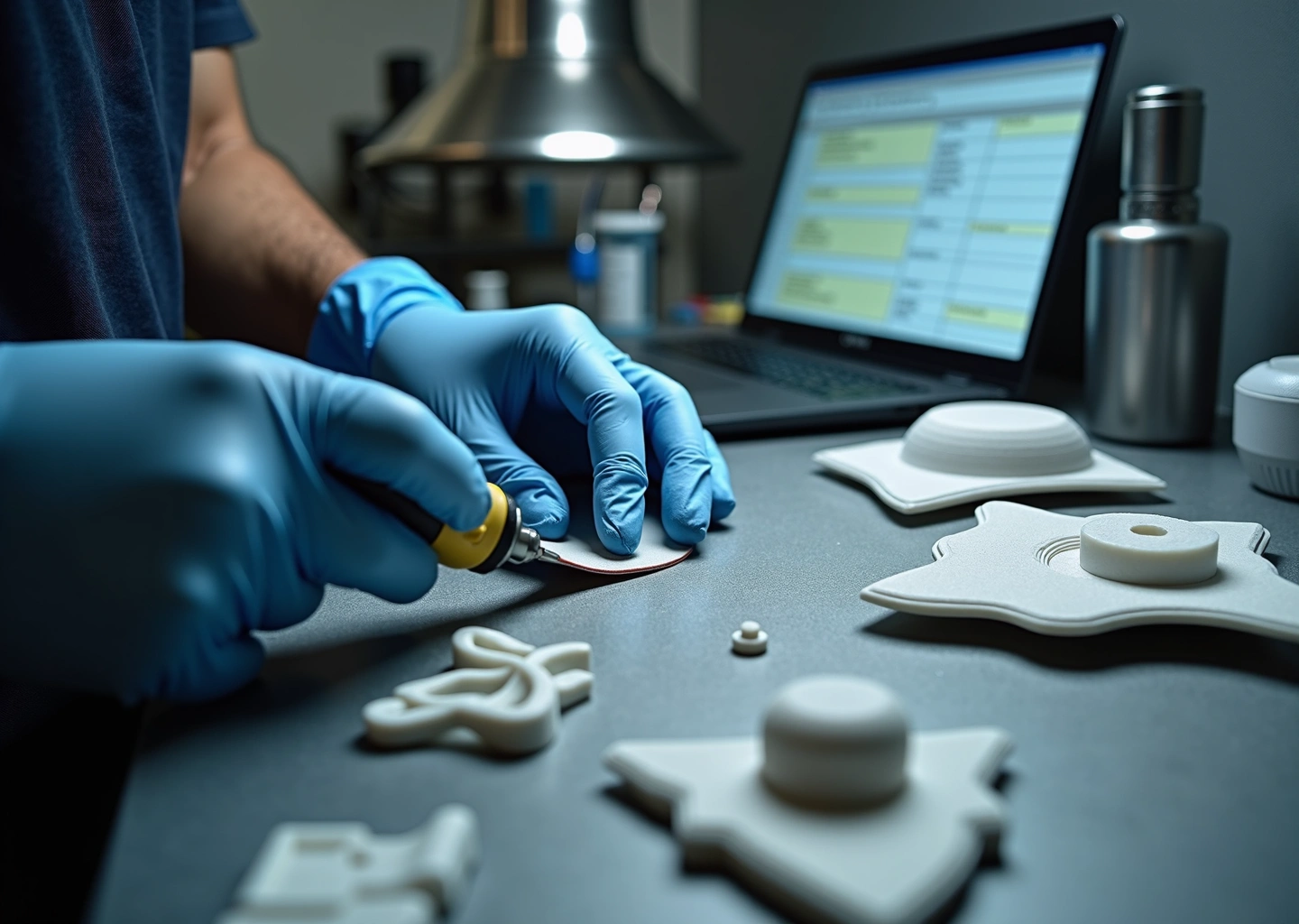 Рабочий стол мастерской с инструментами для постобработки 3D‑изделий: шлифовка, полировка, эпоксидное покрытие, защитные средства и ноутбук с расчётами