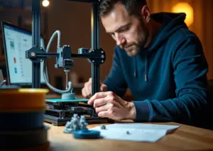 Техник в мастерской устанавливает директ‑экструдер на 3D‑принтер; рядом открытая плата управления и датчик автоуровня, на столе катушки филамента и распечатанные образцы