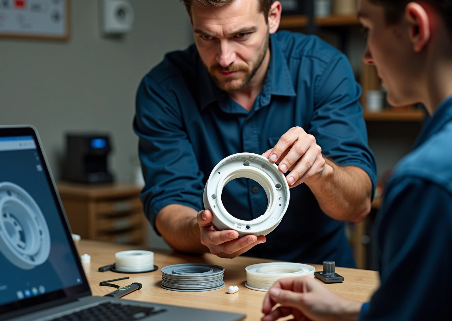 Техник в мастерской сравнивает 3D‑напечатанную запчасть и сломанную деталь на фоне 3D‑принтера и разобранной бытовой техники