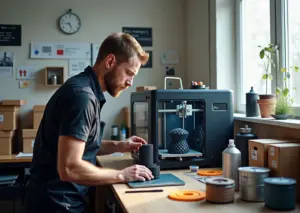 Небольшая мастерская 3D‑печати: принтер печатает деталь, человек меряет изделие штангенциркулем, инструменты постобработки и упакованные коробки видны на рабочем столе