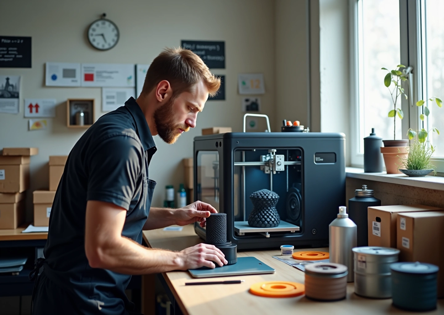 Небольшая мастерская 3D‑печати: принтер печатает деталь, человек меряет изделие штангенциркулем, инструменты постобработки и упакованные коробки видны на рабочем столе