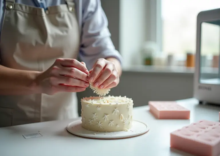 Кондитер в студии показывает 3D‑напечатанный топпер рядом с силиконовыми формами и работающим 3D‑принтером